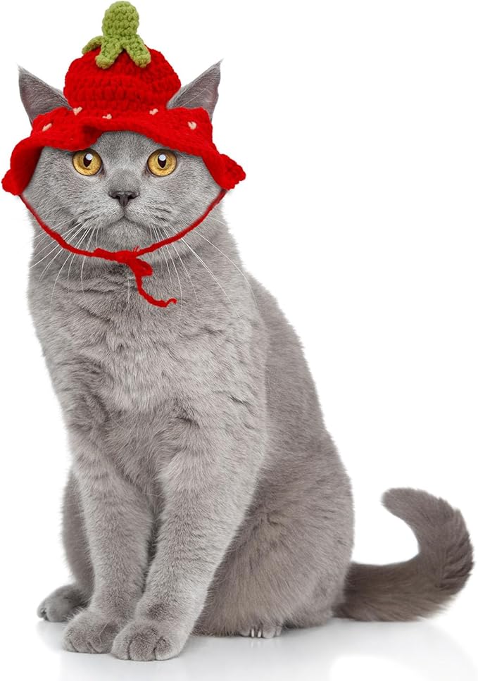 Knitted Hats for Cats, Adorable Crochet Kitten Cap Soft Pet Costume Headwear Small Knit Cap Decor for Dog Cat Kitten Puppy Holiday Photo Sessions & Celebration Decor (Strawberry Style)