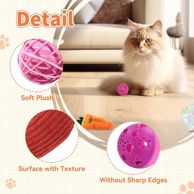 Andiker 6Pcs Cat Toy Pack, Cats Toy Set with Crinkle Balls, Pet Bell Balls, Pet Mouse Toy and Rattan Ball Stimulate Cats Hunting and Chasing Instincts Interactive Kitten Toys for Indoor Cat (Pink)