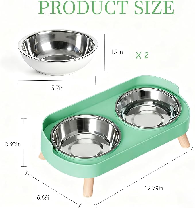Elevated Cat Bowls, 2 Stainless Steel Raised Cat Food and Water Bowl Set, Splash Proof & Non-Slip, Whisker Fatigue Friendly, Dishwasher Safe for Cats and Small Dogs - Green