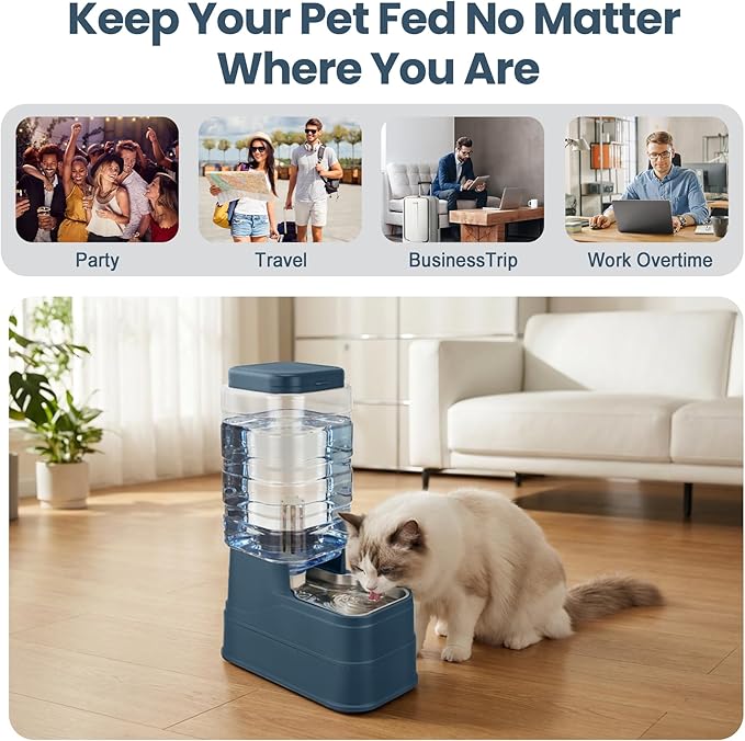 Automatic Dog Water Dispenser Gravity Stainless Steel Water Feeder Cat Waterer Feeder with Wide Mouth Bowl for Small Medium Dog Puppy Kitten (Filter &Ice Pack Included) 2.2Gallon Navy