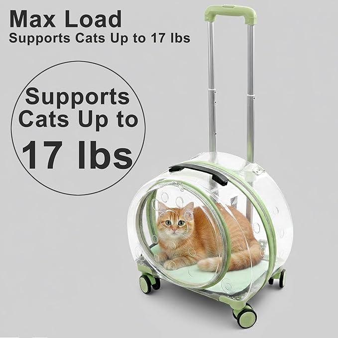 Hard Shell Cat Carrier with Wheels, Rolling Cat Travel Carrier with Telescoping Handle, Transparent Pet Carrier for Cats (Green)