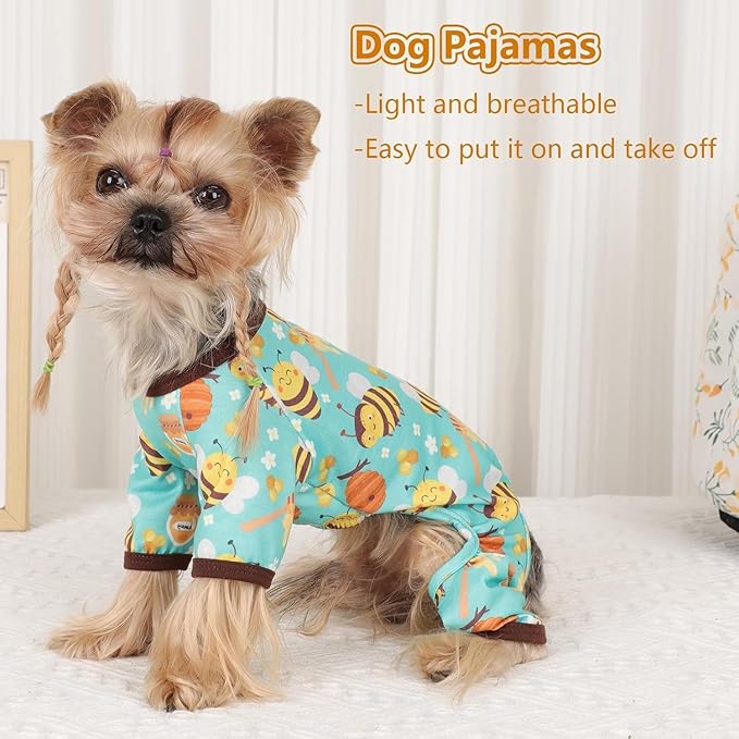 Yikeyo Dog Pajamas Small Sized Boy Girl, Cotton Stretchable Pet Clothes Jammies Puppy Outfits for Dogs Female Male, Spring Summer Doggie Pjs Doggy, Bee, L