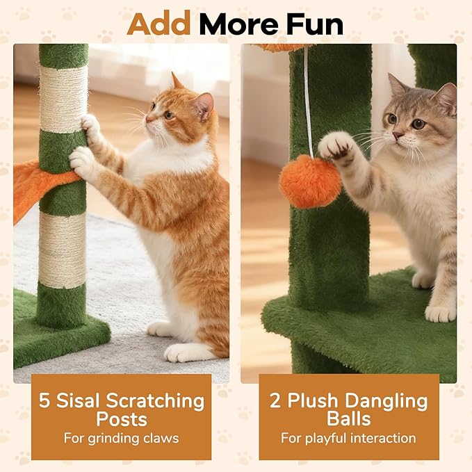 DORTALA 75" Tall Modern Cat Tree, Multi-Level Cat Tower with Large Condos, Sisal Scratching Posts, Top Perch, Hammock, Dangling Balls, Kitten Beds & Climbing Furniture for Indoor Cats (Green & Orange)
