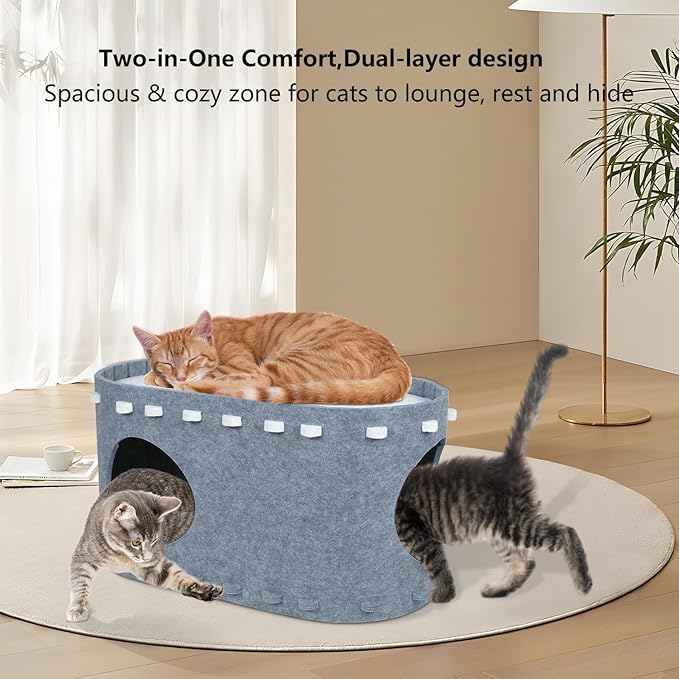 Cat Houses for Indoor Cats, Cozy Cat Beds for Indoor Cats,Cat Bed Cave, Felt Cat Cave Condo for Large Cats Up to 22 Lbs, Scratch Resistant Gray Hideaway (Grey, 22.5 * 12.9 * 11.8)