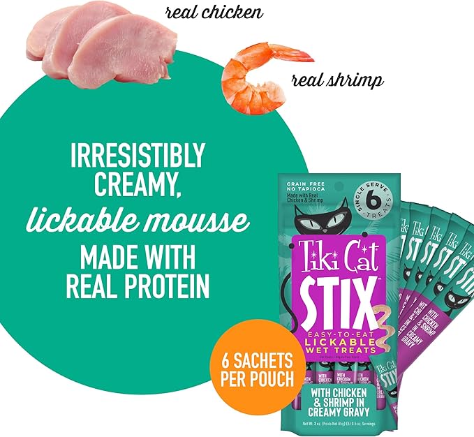 Tiki Cat Stix Mousse Treats, Single Serve Indulgent Lickable Treat or Dry Food Topper, Chicken and Shrimp in Creamy Gravy, 0.5 oz. Servings (72 Count)
