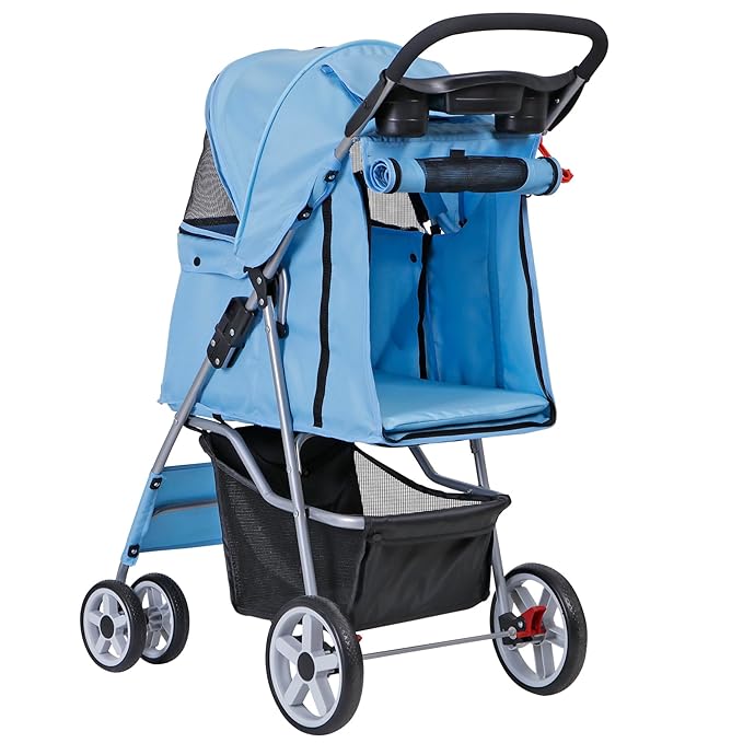4 Wheels Foldable Pet Dog Cat Jogger Stroller Travel Carrier Strolling Cart w/Waterproof Cover Storage Basket Cup Holder & Removable Liner for Medium Small Cat Dog, Blue