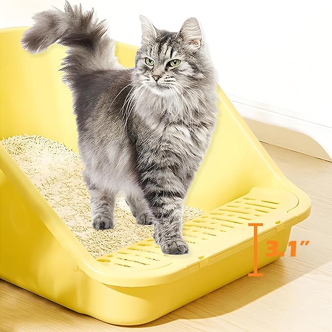 SpaceTime Large Cat Litter Box with High Sides,Cat Boxes for Indoor Cats,Cat Litter Pan for Kitty,Litter Box with Low Entry,Easy to Clean,Anti-Splashing(Grey-Yellow)