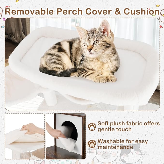 PETSITE Cat Tree with Litter Box Enclosure, Industrial Hidden Litter Box with Cat Tree Tower, Sisal Scratching Posts, Condo, Side Basket Bed, Hammock, Dangling Ball, and Anti-toppling Device