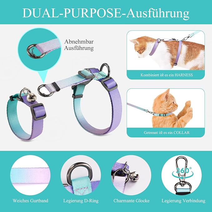 Cat Harness and Leash Set, Collars,Car Seat Belt [4 in 1 Detachable & Adjustable] Escape Proof Cat Harness, Comfortable Soft Lightweight, Walking Travel Kitten Harness for Small Medium Large Cats (M)