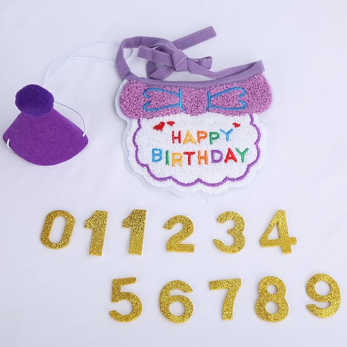Lasflores Purple Girl Cat Birthday Supplies Set - Kitten Hat, Number Decor & Happy Birthday Banner Outfits