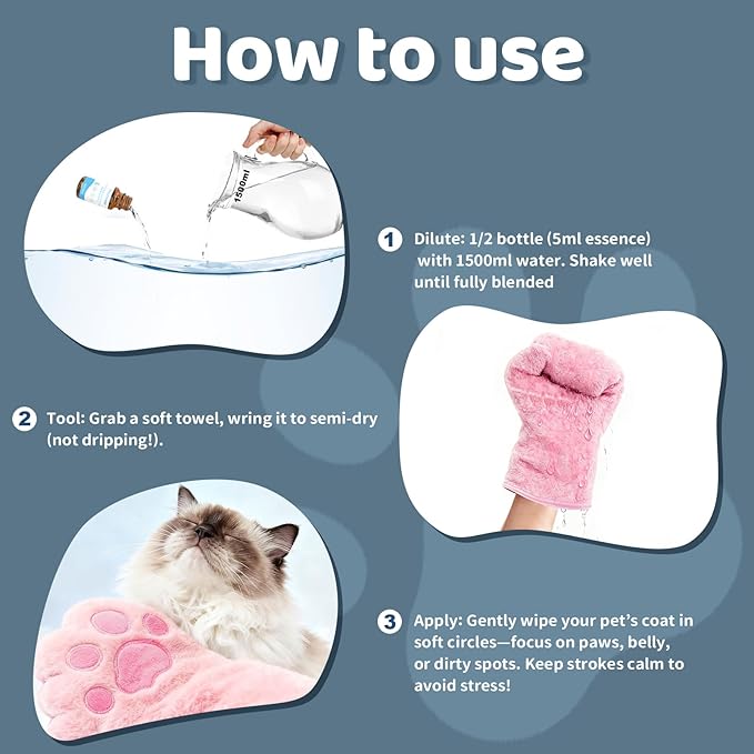 2PCS Concentrated Waterless Shampoo Essence with Pink Grooming Glove, No-Rinse & Lick-Safe Essence for Steam Brushes, Gentle Care for Cats/Kittens/Seniors, Manage Shedding & Freshness (1, Pink Glove)