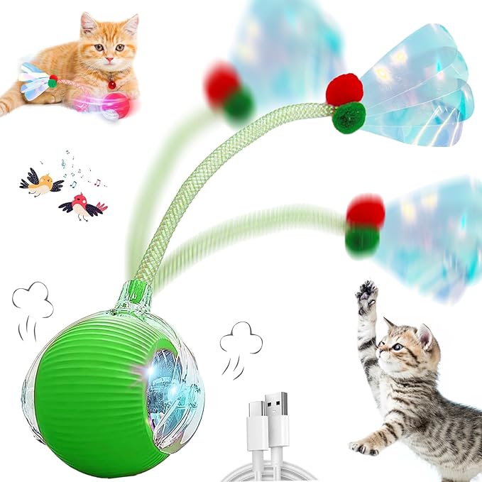 Speedy 2.0 Tail Interactive Cat Toys for Indoor Cats, Automatic Cat Toy with Elastic Mesh Tail, Electric Rolling Ball on Carpet, Chirping and Motion Activate Cat