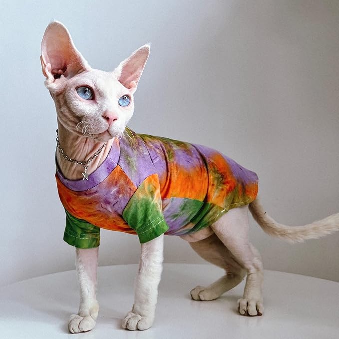 QBLEEV Sphynx Cat Clothes, Hairless Cats Rainbow Rendering T-Shirt for Spring Summer Autumn, Breathable Cat Wear Clothes Vest Shirts for Sphynx, Cornish Rex, Devon Rex, Peterbald