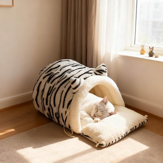 Washable Cat Bed - Warm Plush Washable Non-Slip | Semi-Enclosed Kitten Bed Cat Furniture,for Kitten Puppy Pet Sleeping Calming Cold Weather Indoor Home Decor Apartment Living Room (White)