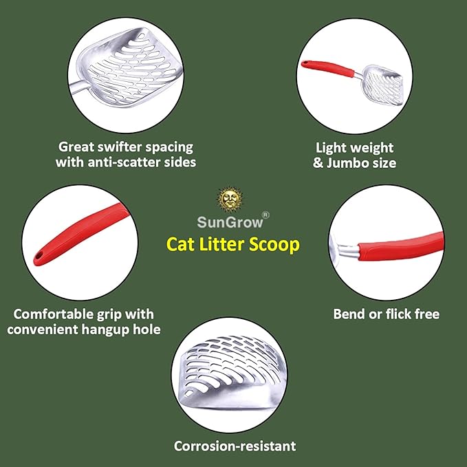 SunGrow Large Cat Litter Scoop, Life Transforming Cat Scooper, Reduces Hand Fatigue, Use with Small Litter Type, Saves Clear Litter, Makes Scooping Faster and Easier (Red, Large)