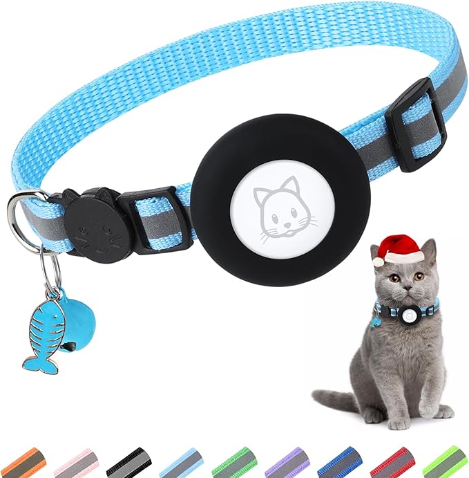 Airtag Cat Collar With Bell and Safety Buckle - 3/8" Width Reflective Collar, Waterproof Holder Compatible With Apple Airtag for Cat Dog Kitten Puppy (Blue)