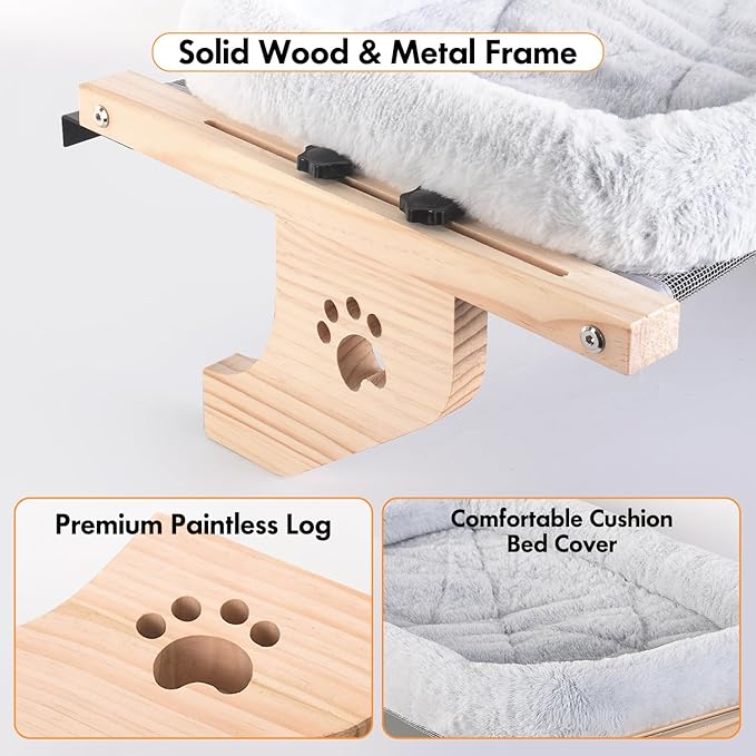 AMOSIJOY Cat Sill Window Perch Sturdy Hammock Window Seat with Cushion Bed Cover, Wood & Metal Frame for Large Cats, Easy to Adjust Cat Bed for Windowsill, Bedside, Drawer and Cabinet(Cushion Bed)