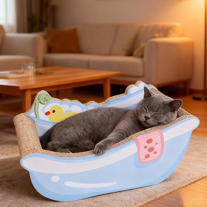 Cat Nest Bed, Cute Bathtub Style Cardboard Lounge, Small Corrugated Paper Cat House with Built in Scratch Board, Play Area for Kitten Puppy Small Dog, Indoor Pet Furniture Living Room Balcony