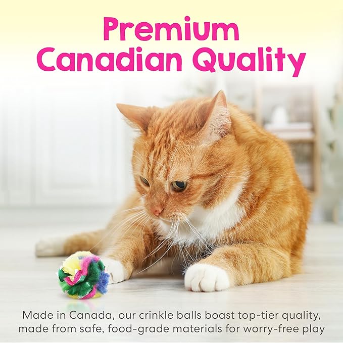 Crinkle Cat Toy Balls 12 Pack | Soft Cat Crinkle Toys for Indoor Cats & Kittens | Food-Grade Acetate Safer Than Mylar | Made in Canada