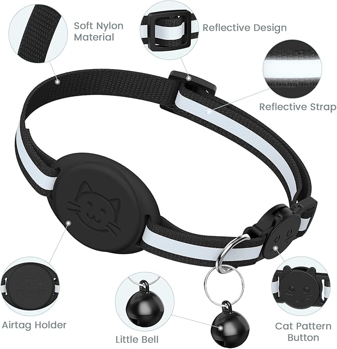 Upgrade Airtag Cat Collar, Reflective Kitten Cat Collar with Bell and Airtag Holder Compatible with Apple Airtags, Lightweight Airtag Cat Collar with Cat Pattern for Kitty Puppy