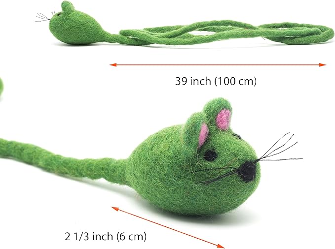 Glaciart One Felt Mouse Cat Toy – Soft Fuzzy Enrichment 100% Natural Wool - Interactive Catnip Play Cat Toy Set - Safe for Pets, Non-AZO Colored Dyes - 42” Long
