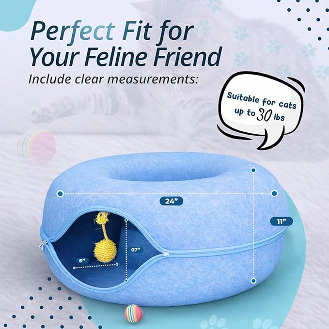 MeowMates Peekaboo Cat Cave Donut Bed for Multiple Cats Upto 45lbs, 3-in-1 Large Cat Tunnel & Donut Bed Combo w Round Tunnel Scratcher for Indoor Cats, Hanging Toy, Washable & Detachable
