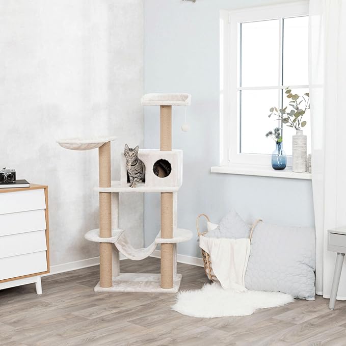 TRIXIE Federico 56" Cat Tower, Indoor 4-Level Cat Furniture with Jute Scratching Posts, Plush Condo, Platforms, Hammock, Toy on a String, Greige