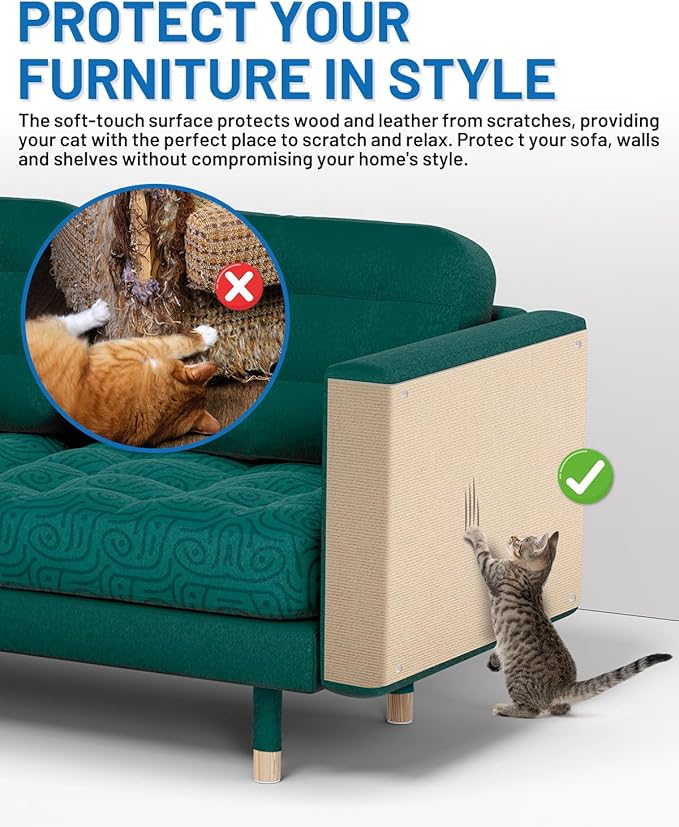 Cat Scratch Couch Furniture Protector, 78.7in x 15.8in Self-Adhesive Cat Scratch Mats, Trimmable DIY Cat Scratcher Pads for Wall, Couch Corner, Cat Tower and Replacement Pads (Khaki)