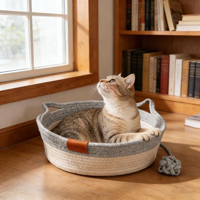 Instinct Basket for Cats - Handwoven Cotton Rope Enrichment Bed with Attached Toy Tail, Scratchable Interactive Pet Nest Features Flexible Walls to Fight Boredom & Protect Furniture (Gray)