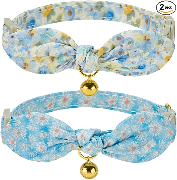 2 Pack Cotton Cat Collar, Removable Bowtie, Floral Pattern, Safety Breakaway Clasp, Adjustable for Cats.(Adult Cat, Blue Daisy and Floral)