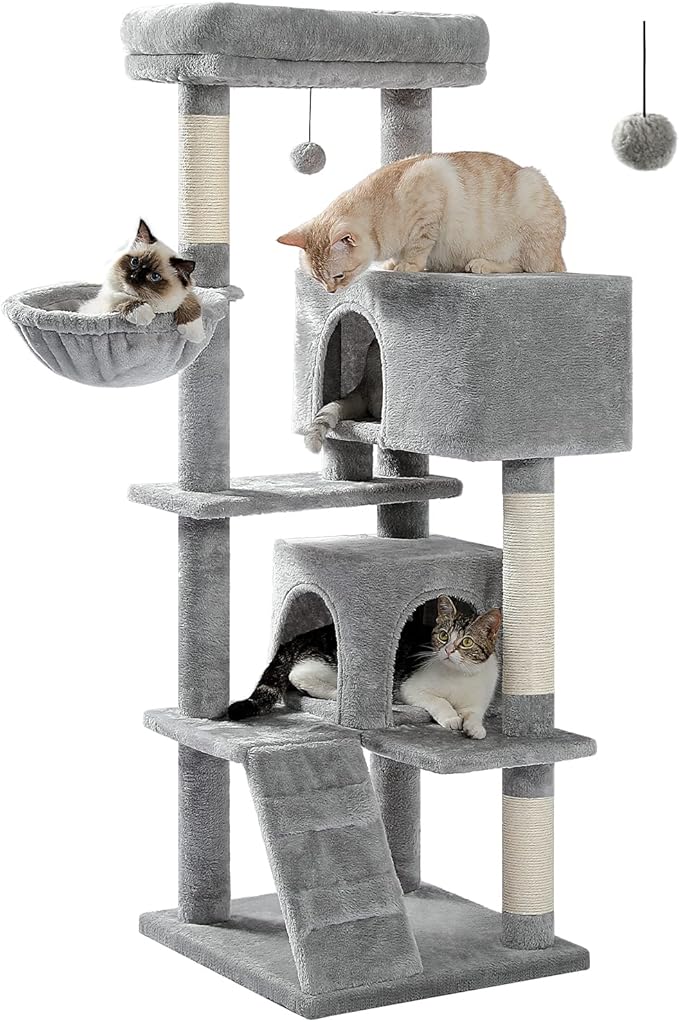 MUTTROS Cat Tree for Large Cats with Super Large Top Perch, 56.3" Cat Tower with Plush Hammock, Dangling Pompom, Cat Scratching Posts and 2 Condos House, Light Grey