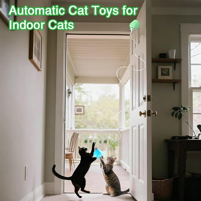 Cat Toys Interactive for Indoor Cats, Rechargeable Toy Hanging Door Electric with 4pcs Feathers Toys for Bored Kittens (Green)