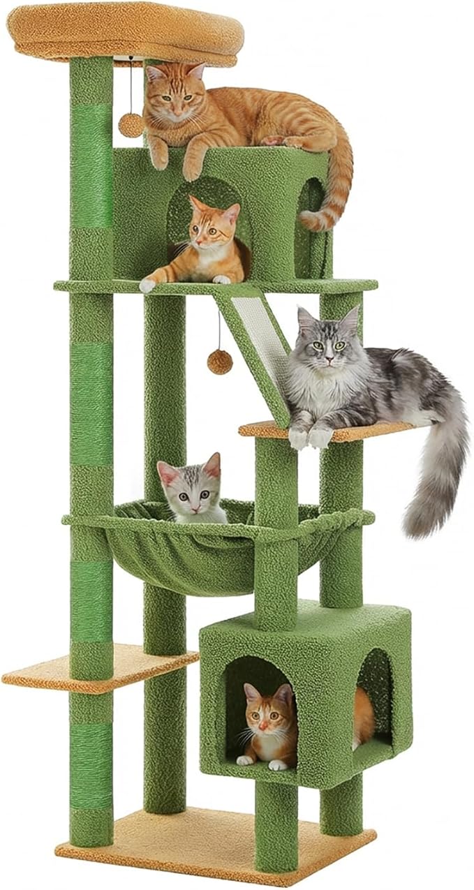 MUTTROS 71” Cactus Cat Tree for Large Cats, Extra Stable Tall Cat Tower with Oversized Hammock, 2 Condos, Sisal Scratching Posts, Vertical Multi-Level Cat Tree for Indoor Multi-Cat Homes