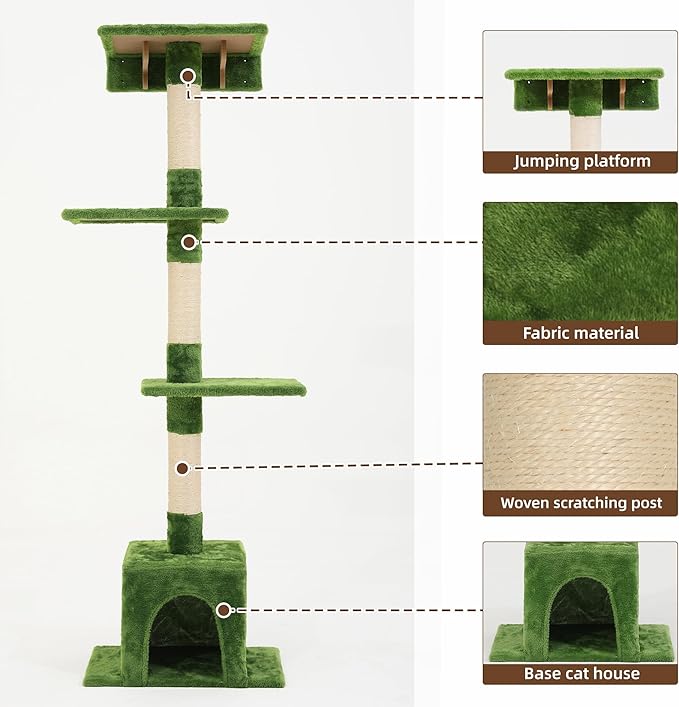 Cat Wall Shelves, Wall Mounted Pet Shelf Furniture w/Plush Fabric(26 Piece Set), 63''H Cat Tower w/Scratching Posts, Cats Furniture with 40''L Tunnel, Condos, House, Steps and Ladder, Green