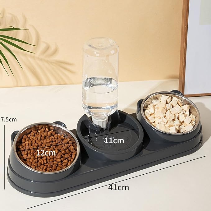 Elevated Double Bowl Pet Feeders with Automatic Water Dispenser Antislip Base for Dog Cats Daily Feeding Watering Supply Automatic Water Dispenser Pet Bowl