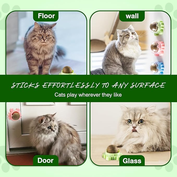 4 Pack Catnip Wall Balls 360° Rotatable Edible Cat Nip Toys Licking for Cats Wall-Mounted Teeth Cleaning Anxiety Relief Natural Indoor Mint Safe and Healthy Chew Kittens Peppermint Ball Climb Treats