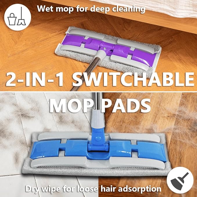Electrostatic Dust Clip-On Mop for Pet Hair, 57" Adjustable Long Handle, 360° Rotating Head, 2 Reusable Static Cloths, 2 Microfiber Cloths & 1 Scraper, Ideal for Pet Loose Hair & Daily Dust Cleaning
