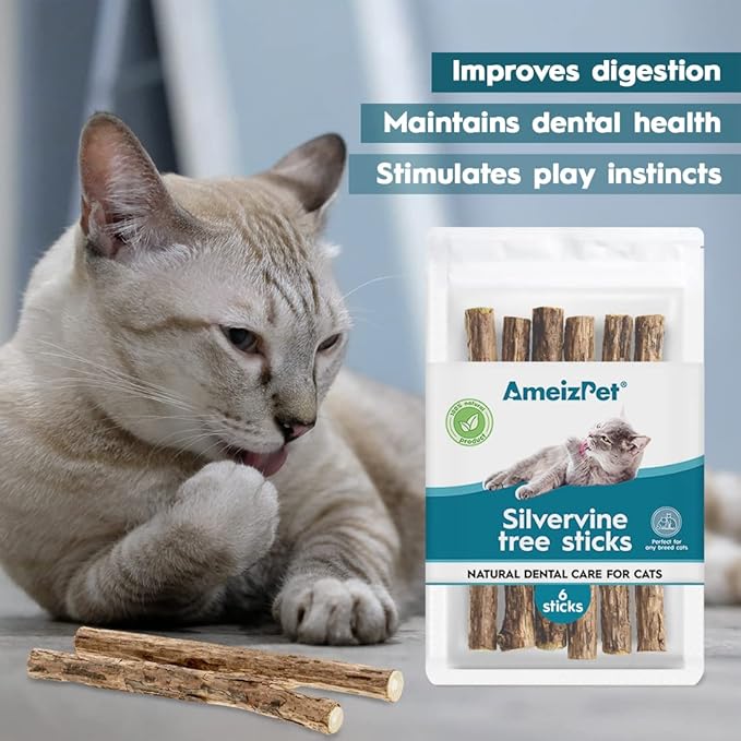 AmeizPet Catnip Sticks for Cats, Cat Dental Chew Sticks - Natural Matatabi Cat Dental Care, Silvervine Cat Teeth Cleaning (6 pcs)