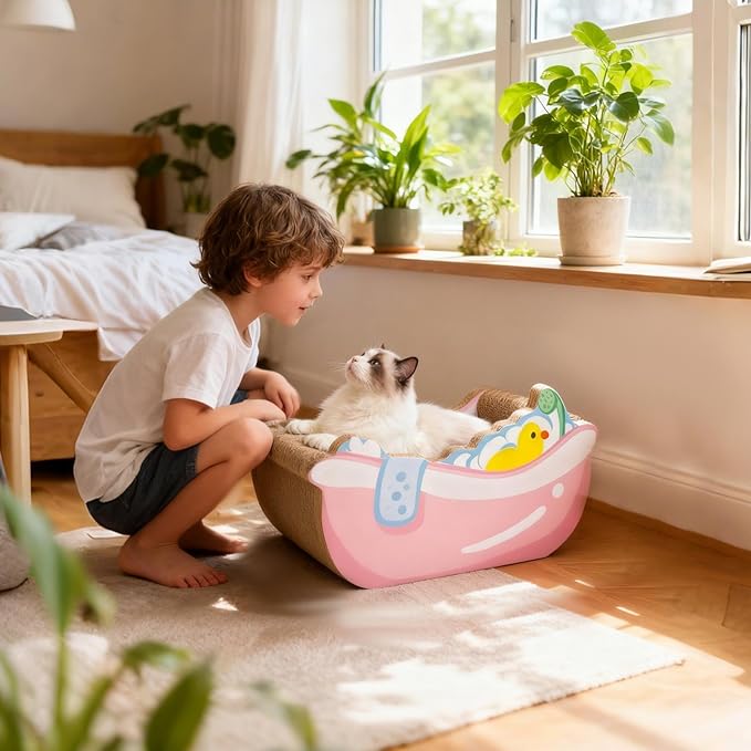 Small Cat Bed, Bathtub Nest, Corrugated Cardboard Cat Lounger with Curved Shape and Textured, Playful Resting Spot for Kitten Puppy Small Dog, Pet Home Decor Living Room Balcony