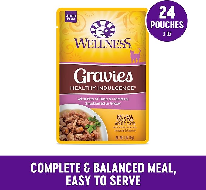 Wellness Healthy Indulgence Gravies Adult Wet Cat Food, Natural, Protein Rich, Grain Free, Tuna and Mackerel Recipe, 3 oz, Pack of 24 Pouches