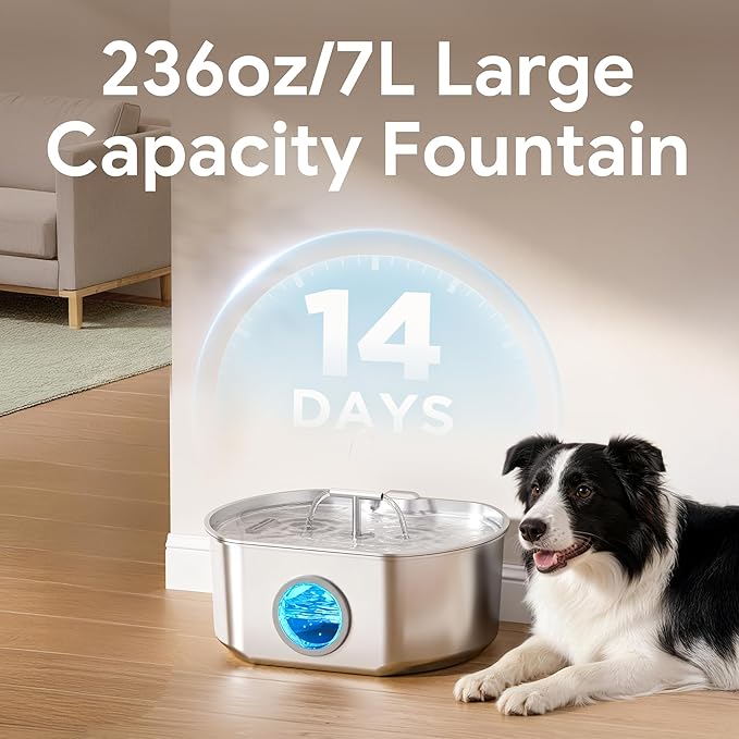 Cat Water Fountain Stainless Steel - Pet Drinking Fountain for Cats Indoor - 7L/236oz Automatic Water Dispenser with Watering Level Window (7 Filters)