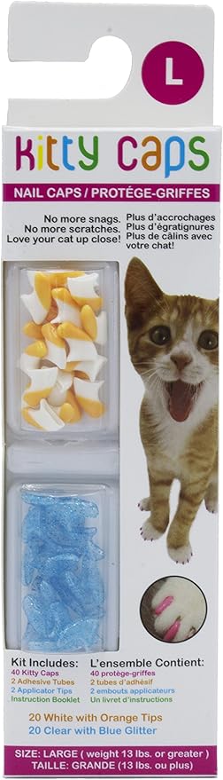 Kitty Caps Nail Caps for Cats, White with Orange and Clear with Blue Glitter - Safe, Stylish and Humane Alternative to Declawing, Stops Scratches and Snags, Large 13 lbs or More, 40 Count