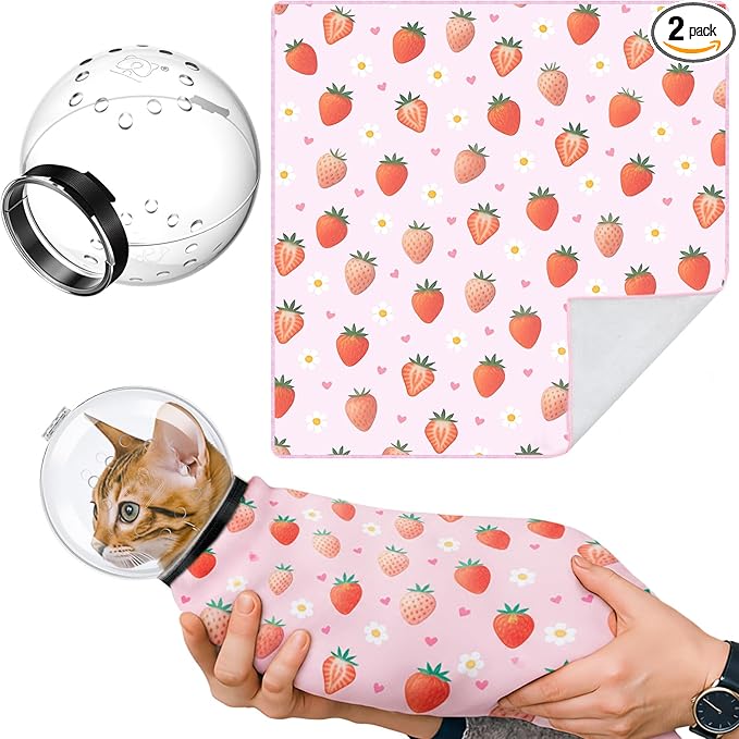 Chunful Cat Muzzle for Grooming, Cat Helmet and Wrap for Cutting Nails, M Size Adjustable Mask, 27.6" Anti-Escape Calming Swaddle Cloth, Bathing Shaving Anti-Scratch Pet Tools(Strawberry)