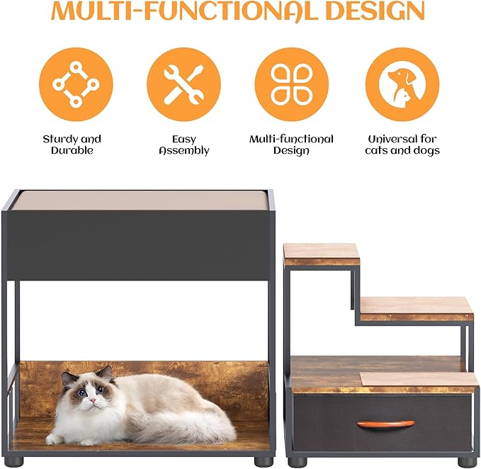 Pet Step Window Perch with Stairs and Storage Drawer, Bunk Beds for Dogs and Cats, Bedside Lounge Elevated Dog Bed Multi-Level Platform with Sponge, Non-Slip Pad, Vintage (47.3" Lx19.7 Wx25.6 H)