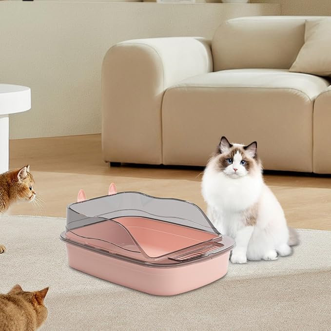 Large Open Cat Litter Box Cartoon Design, Heightened Splashproof Cat Sandbox Kitty Litter Pan Toilet Tray- Pink