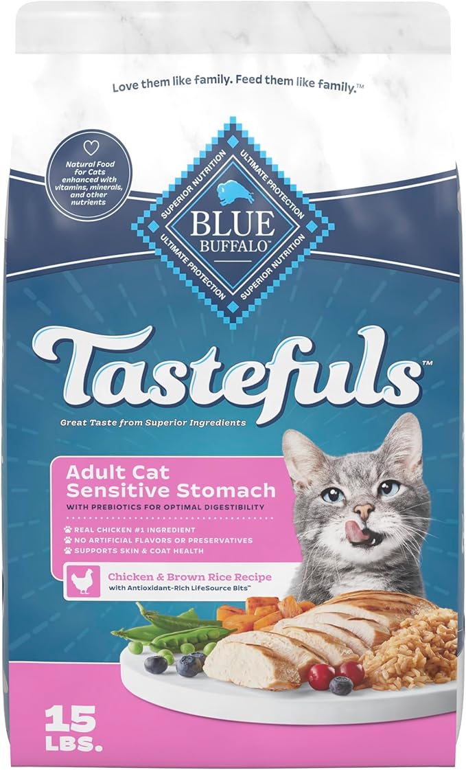 Blue Buffalo Tastefuls Natural Dry Food for Adult Cats, Sensitive Stomach, Chicken & Brown Rice Recipe, 15-lb Bag