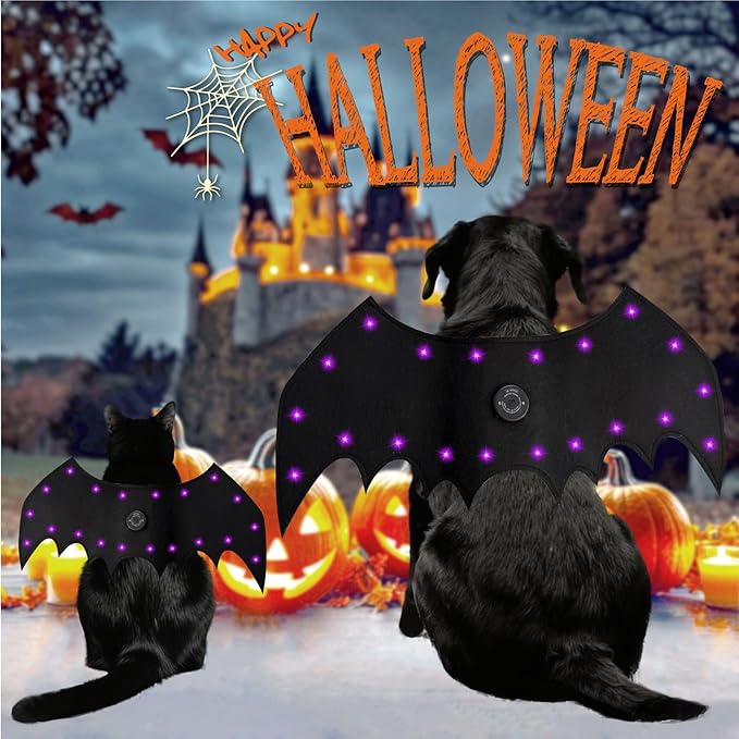 LED Bat Wings for Pets - Halloween Costume with 20 Lights, 4 Modes, Adjustable Fit for Cats & Dogs, Safe Soft Material for Party Trick or Treat （XL Size）