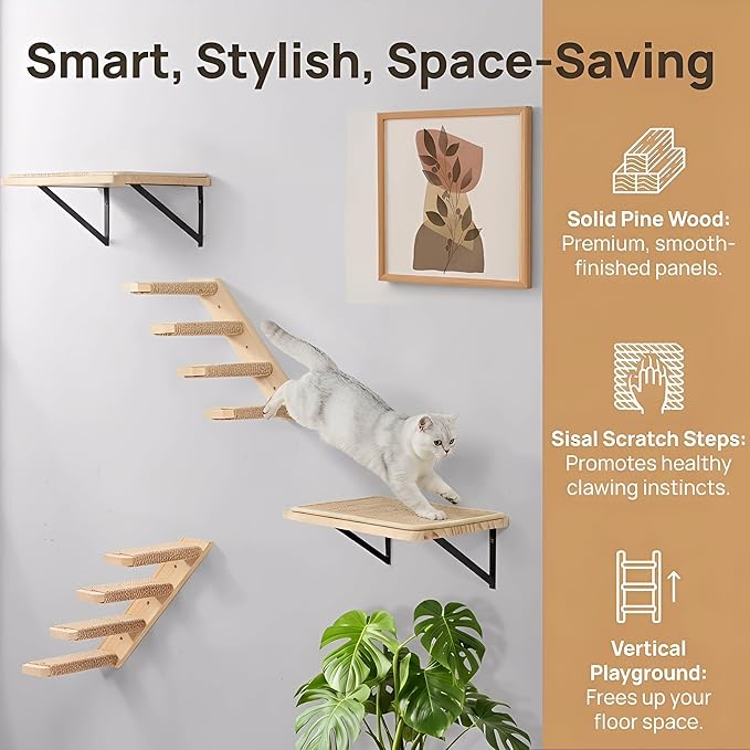 Cat Wall Shelves Stairs Cat Wall Furniture Mounted, 2PCS Shelves & 2PCS 4 Steps Climbing Shelf Scratching Perches for Sleeping, Playing, Climbing