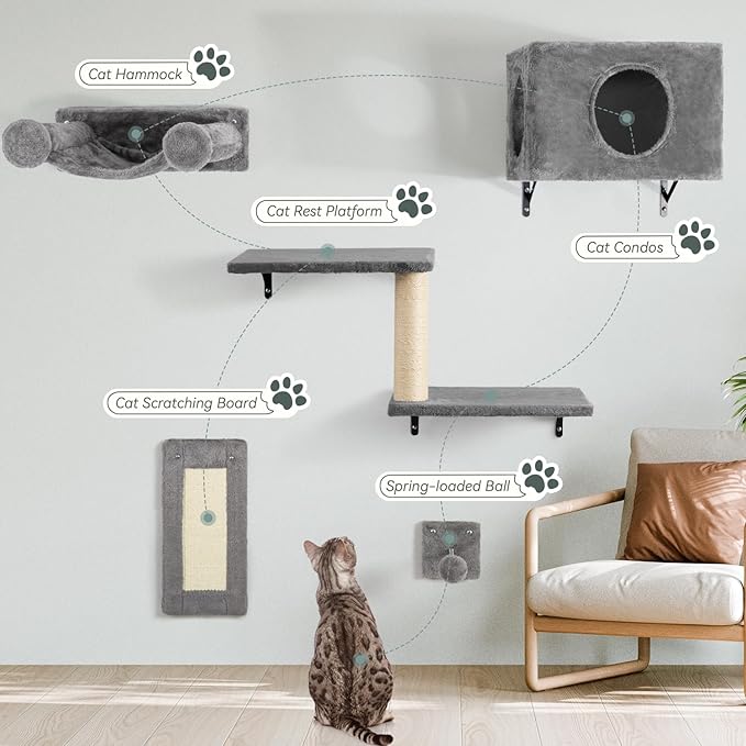NUNU LAB 5-in-1 Cat Wall Shelves, Wall Mounted Cat Furniture Set, Cats Wall Furniture, Wall Cats Climbing, Cat Wall Bed, with Hammock, Shelves, House, Steps, Scratcher (C-KM062)
