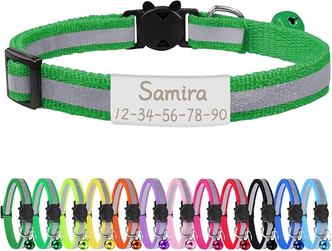 CAMAL Reflective Cat Collar Personalized with Pet ID Tag, Safety Breakaway Cat Collar with Name Tag, Green Kitten Collar with Bell for Boy Girl Cats Puppies